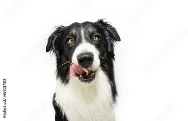 Obraz Portrait hungry border collie puppy dog licking its lips with tongue. Isolated on white background