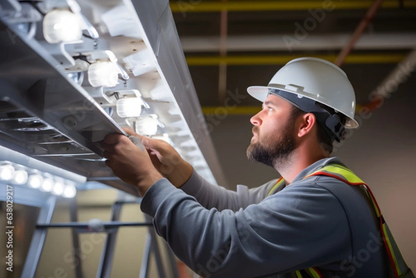 Fototapeta Electrician installing a complex lighting system in a commercial building.