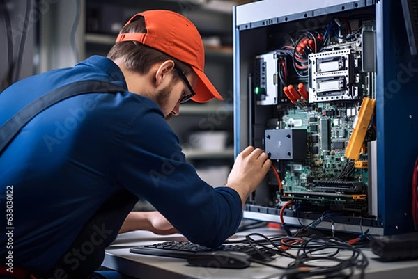 Fototapeta IT technician installing hardware components into a desktop computer.