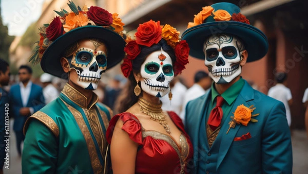 Fototapeta Three Mexicans dressed as "catrines" and "catrinas" for the Day of the Dead in Mexico with Day of the Dead makeup