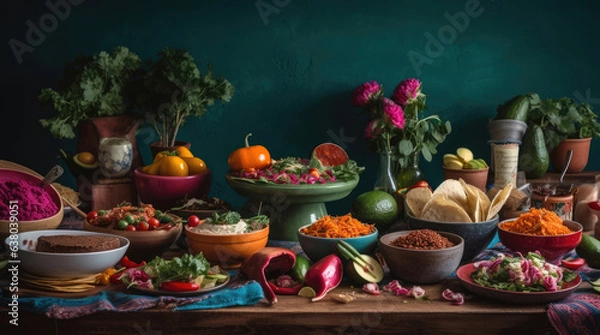 Fototapeta Festive table with appetizing dishes on cinco de mayo holiday