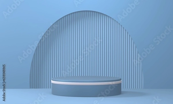 Fototapeta Empty minimalistic blue podium with white rim in studio lighting. Single cylinder on a blue background with an arch. 3d render
