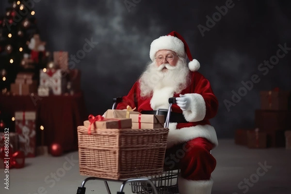 Fototapeta Santa Claus near a shopping cart full of present box on a green background christmas tree.  Generative AI.