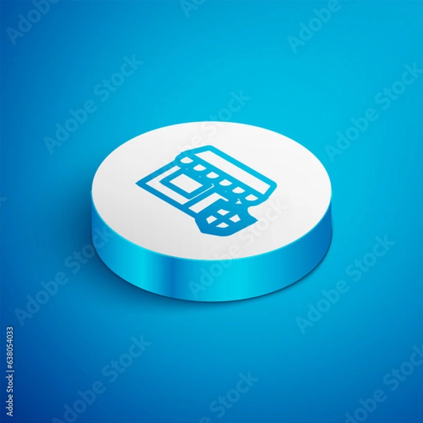 Fototapeta Isometric line Shopping building with shield icon isolated on blue background. Insurance concept. Security, safety, protection, protect concept. White circle button. Vector.