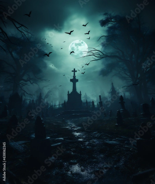 Fototapeta Halloween background with full moon and cemetery
