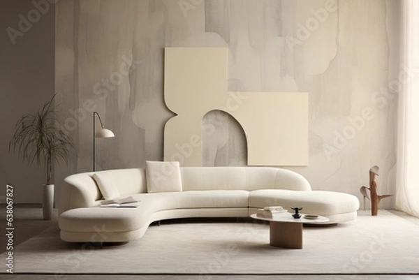 Fototapeta A cozy white couch nestled in a room adorned with tasteful furniture, a vase of fresh flowers, and a playful pillow atop the armrest, creating a stylish and inviting space
