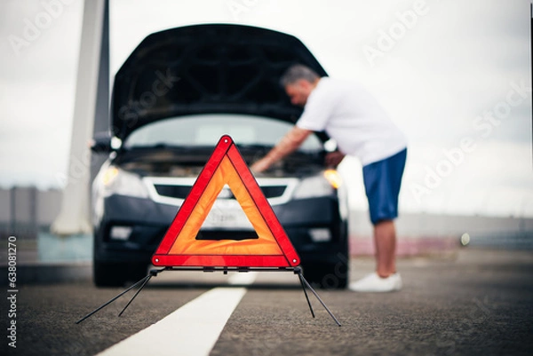 Fototapeta Red emergency stop sign on road. Blurred man fixing broken down car. Warning triangle on roadside. Safe traffic, emergency situation in trip. Help and service on the road.