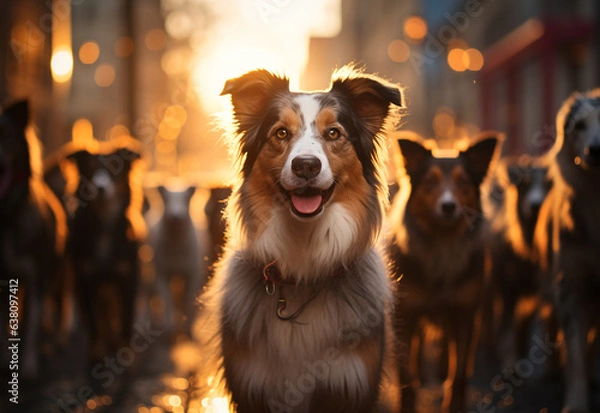 Fototapeta Large group of dogs walking in city