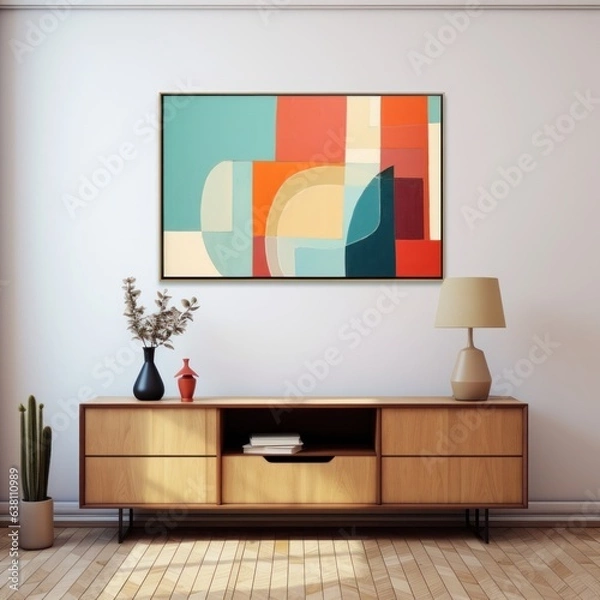 Fototapeta A vase of colorful flowers on a wooden table beneath a beautiful painting adorns the wall of a cozy room, inviting guests to explore its carefully curated design