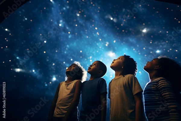 Fototapeta Grupa dzieci wpatrujących się w sufit planetarium pełen gwiazd.