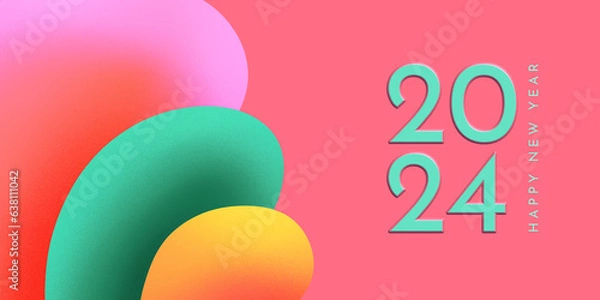 Obraz 2024 Happy New Year cute banner design with modern grain gradient. Colorful, vibrant New Year's Eve celebration background with trendy 3D abstract shapes.