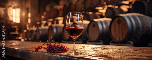 Fototapeta Winery: A glass of wine being poured against a barrel in a wine cellar. Wide format.