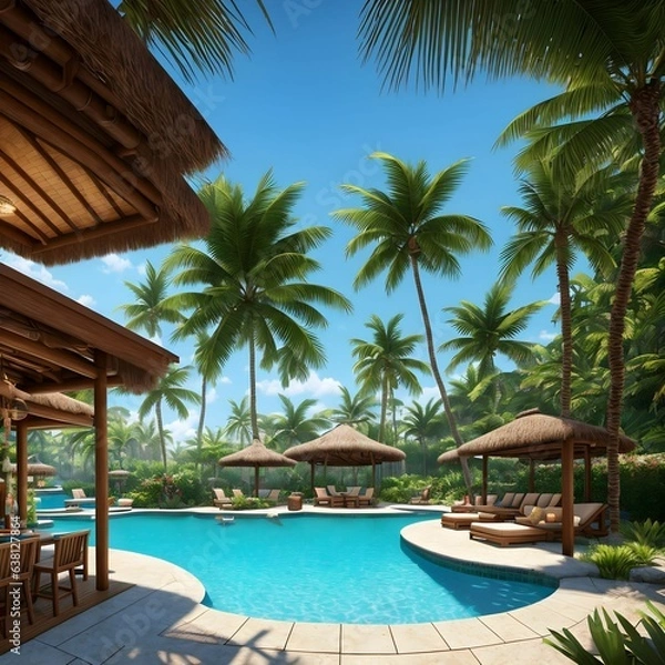 Fototapeta View of a Tiki bar next to a swimming pool.  Palm Trees surround the pool - vacation concept - Generative AI
