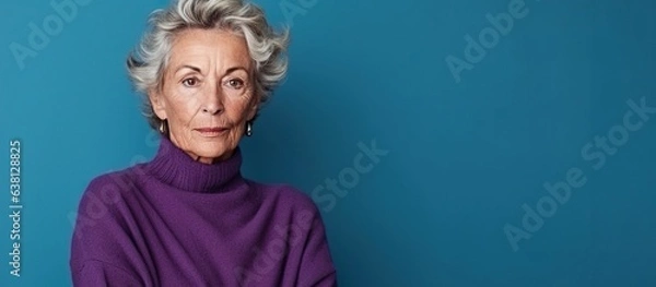 Fototapeta 70 years old model posing for the colors of life. Aging woman standing in front a wall. Turquoise, teal, purple, grey color scheme. Grey haired baby boomer, healthy, happy, enjoying the fall of life.