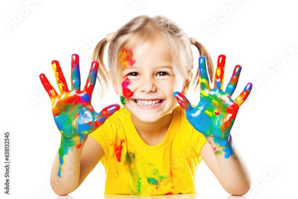 Obraz Smiling Little Blonde Girl with Colorful Painted Hands Isolated on White Background