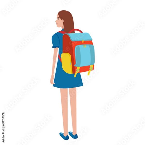 Fototapeta Happy, cute girl goes to school with a briefcase. Vector illustration in flat style, cartoon.