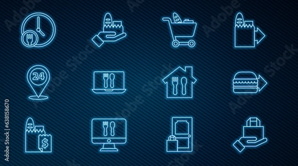 Obraz Set line Online ordering and delivery, burger, Shopping cart food, Round the clock, and icon. Vector
