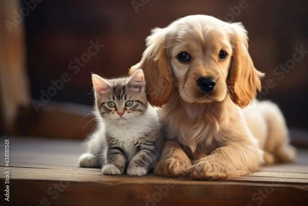 Fototapeta little kitten and puppy. ai generative