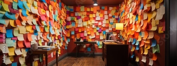 Fototapeta A kaleidoscope of ideas comes alive on a wall filled with vibrant sticky notes. Each hue holds a thought, a task, a memory – a mosaic of creativity and reminders in technicolor splendor.
