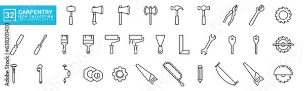 Fototapeta Set of icons related to carpentry tools, various painting tools, carpenter icon templates, mechanic icons editable and resizable EPS 10