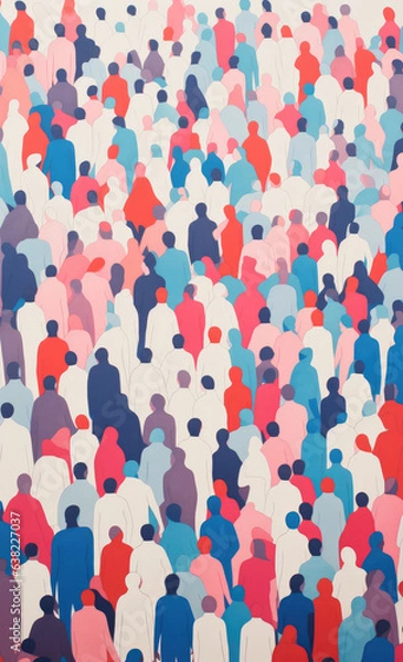 Fototapeta A Crowd of different men and women in a beautiful Gouache style risograph - Screenprint style poster artwork — PORTRAIT High Res - Pink, yellow, blue, black, green