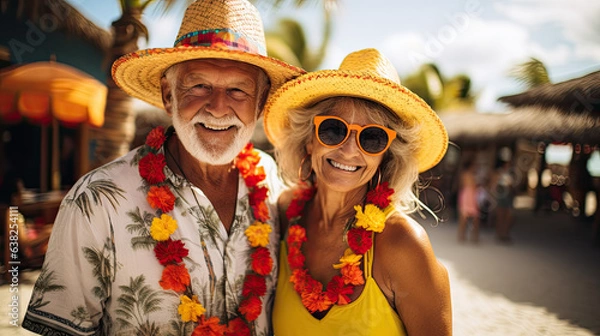 Obraz Traveling adventure-seeking older adult baby boomer couple 50s 60s elder relaxing calm in tropics Caribbean on the beach, smiling with sun glow in bright colors yellow  and sunglass and straw hat 