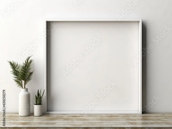 Fototapeta Empty vertical frame mockup in modern minimalist interior with plant in trendy vase on white wall background. Template for artwork, painting, photo or poster.