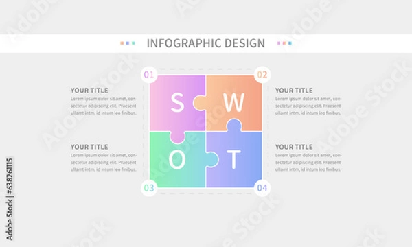 Fototapeta Puzzle style infographic that tells the steps of SWOT timeline template