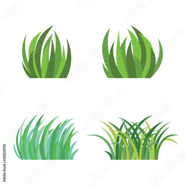 Fototapeta Four cartoon-style green grass illustrations: two simple upright clumps, one flowing teal/light green patch, and one dense dark/light green with yellow. Flat vector style