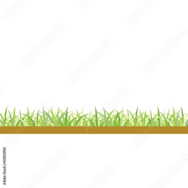 Fototapeta A strip of stylized green grass with light brown soil underneath is shown against a white background. The grass blades vary in shade, creating a sense of depth