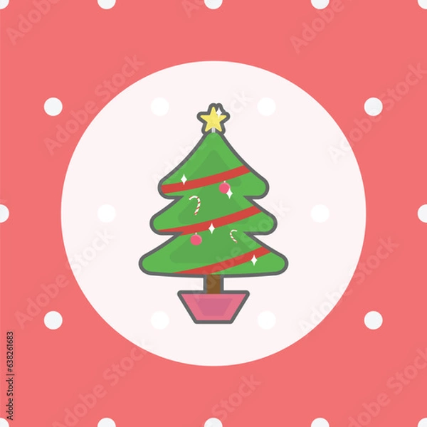 Fototapeta A cartoon Christmas tree with decorations and a star, on a white circle with a red polka dot background