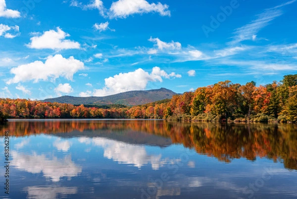 Fototapeta View of Price Lake in Julian Price Park on Blue Ridge Parkway near Blowing Rock, North Carolina in fall season.