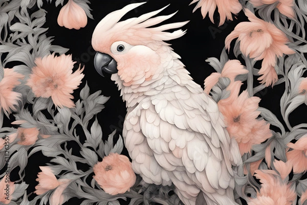 Obraz peach fluffy cockatoo inlay black flowers, animalism, hyper detail, high resolution, darc botanical faberge, aesthetic, beautiful, realistic, Chinese watercolor style drawing,generative ai