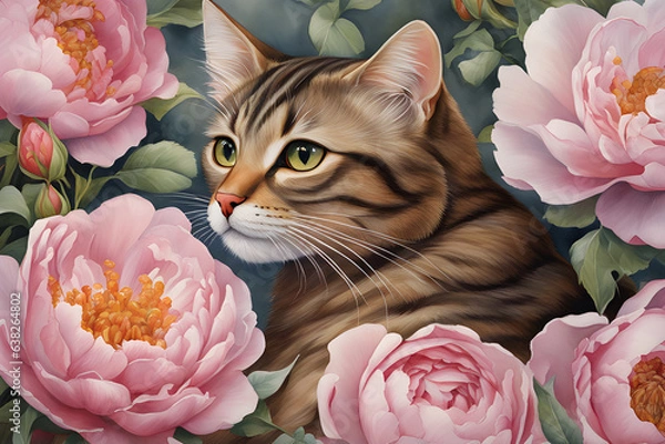 Fototapeta Passarinho brincando com Gato, rosas e peônias, arte inspirada em Margaret Mee, Watercolor, trending on artstation, sharp focus, studio photo, intricate details, highly detailed, ,generative ai