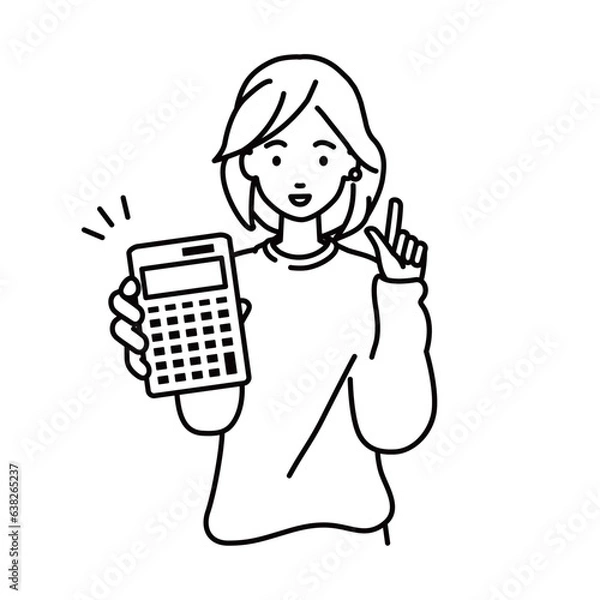 Fototapeta a woman in casual style recommending, proposing, showing and pointing a calculator with a smile