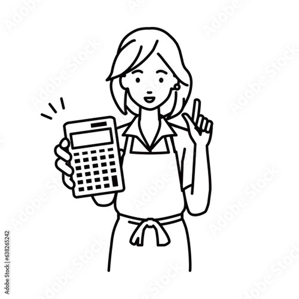 Fototapeta a woman in cafe apron recommending, proposing, showing estimates and pointing a calculator with a smile
