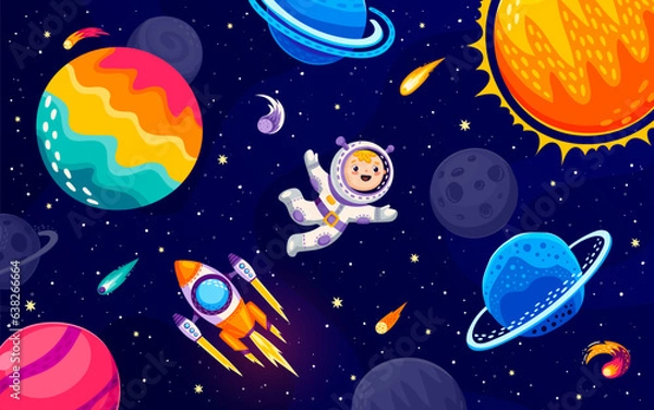 Fototapeta Cartoon astronaut character in outer space, galaxy planets and flying starship. Little boy cosmonaut exploring the vast expanse of the universe, floats among planets and encounters majestic shuttle