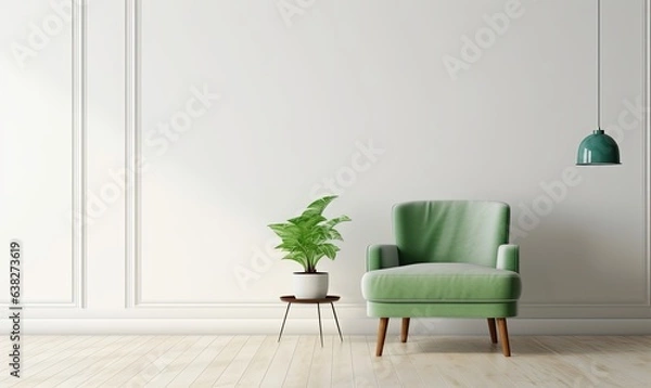 Fototapeta White minimalist interior living room has a green armchair on empty white color wall background, Generative AI