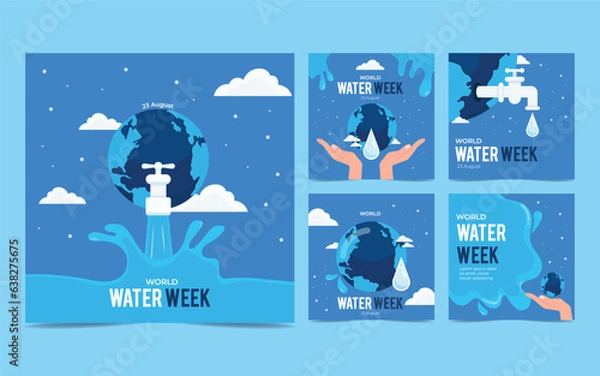 Obraz set World Water Day Concept icon banner. illustration of world water day collecting water by hand on light blue background for posters in social media, flat and feeds.
