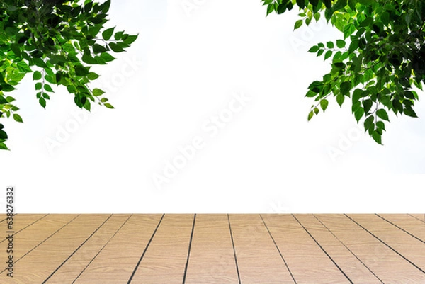 Fototapeta Perspective wood table with green leaves branch on white background, Display wood with green leaves and copy space on white background