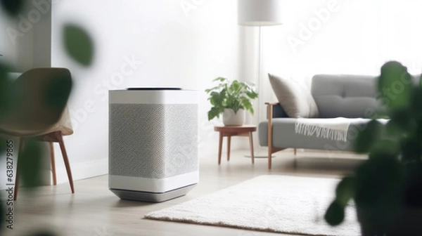 Fototapeta Air purifier in cozy white living room for filter and cleaning removing dust PM2.5 HEPA and virus in home, Air Pollution Concept. Generative ai