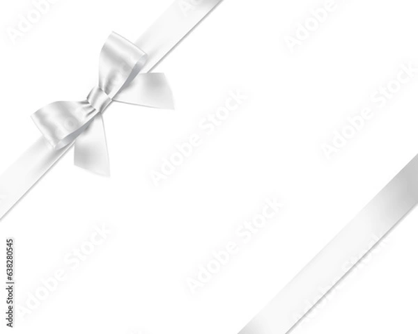 Fototapeta White Ribbon Bow Realistic shiny satin with shadow place on corner of paper for decorate your wedding invitation card ,greeting card , certificate, vector EPS10 isolated on transparent background.
