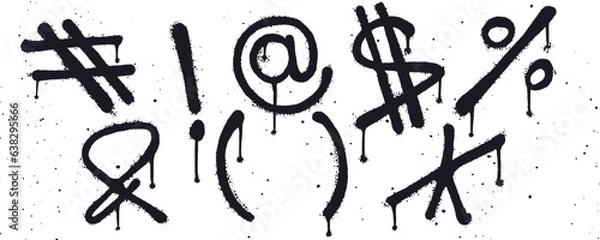 Fototapeta Set of graffiti spray paint. Collection of symbols, hastag, exclamation points, ad, dollar, percent, and, brackets, star Isolated Vector