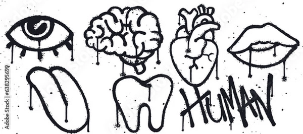 Fototapeta Set of graffiti spray paint. Collection of symbols, eye, brain, heart, lips, tongue, tooth, human Isolated Vector