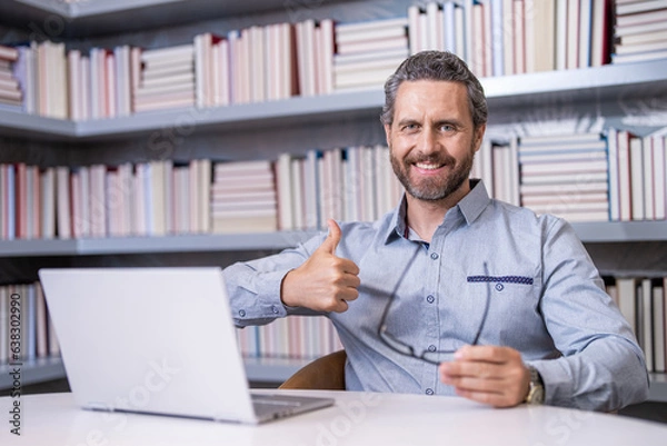 Fototapeta estudy concept. online webinar education for man. webinar tutorial online. man study online. education for man. remote webinar of man in workplace. video intrview on conference. Online courses