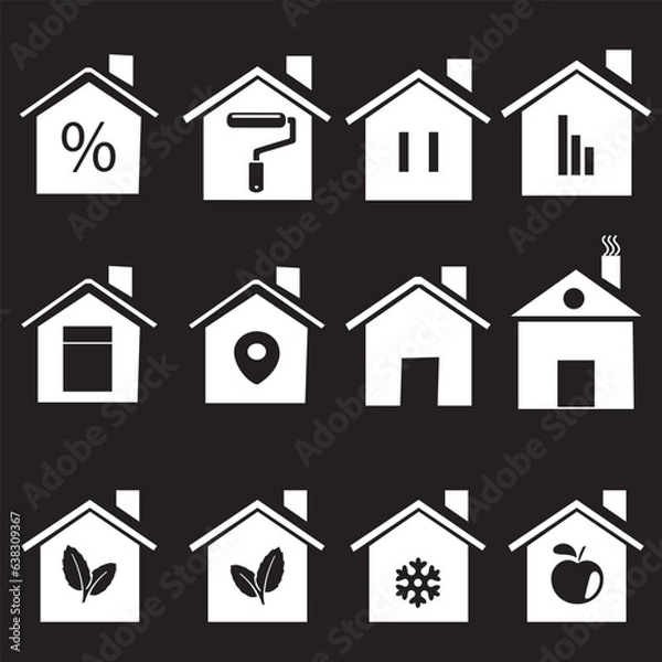 Fototapeta Large set of black and white vector house icons and urban buildings in assorted shapes over white for design elements