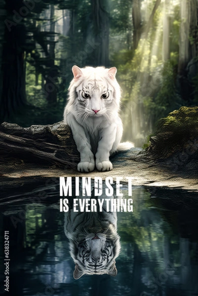 Obraz Mindset is everything cat poster. a cat reflection in the water is tiger