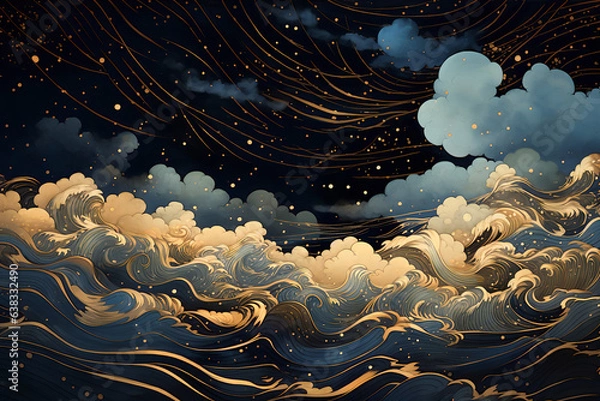 Fototapeta Abstract sea background with clouds, sea landscape, night, stars in the sky, greek mythology style, japanese woodblock art Design, Generative AI