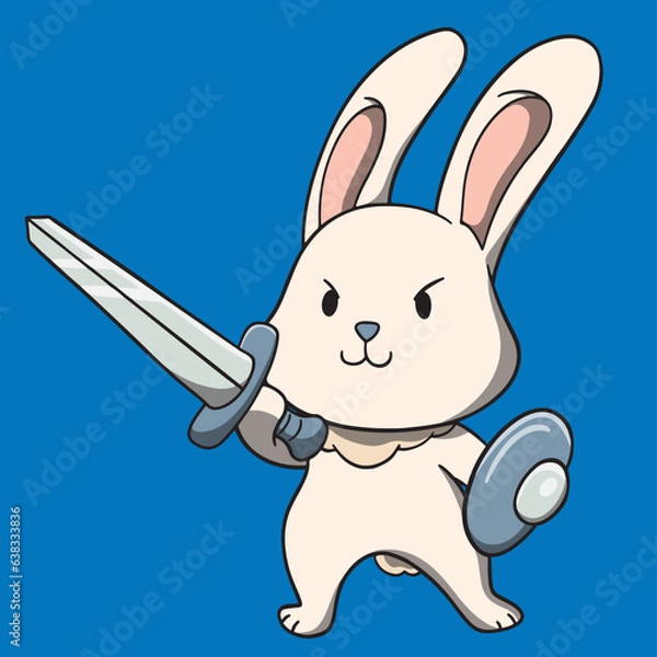 Fototapeta Hero Bunny Rabbit With Sword And Shield Knight Cute Cartoon Character