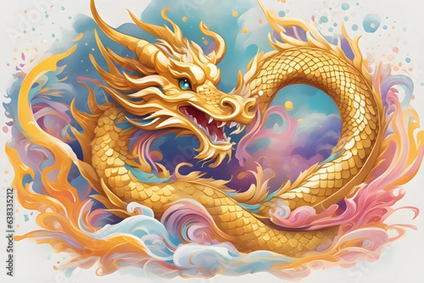 Fototapeta Bright cute gold Chinese dragon, vintage T-shirt design, 3D vector art, fantasy art, watercolor effect, digital painting,generative ai